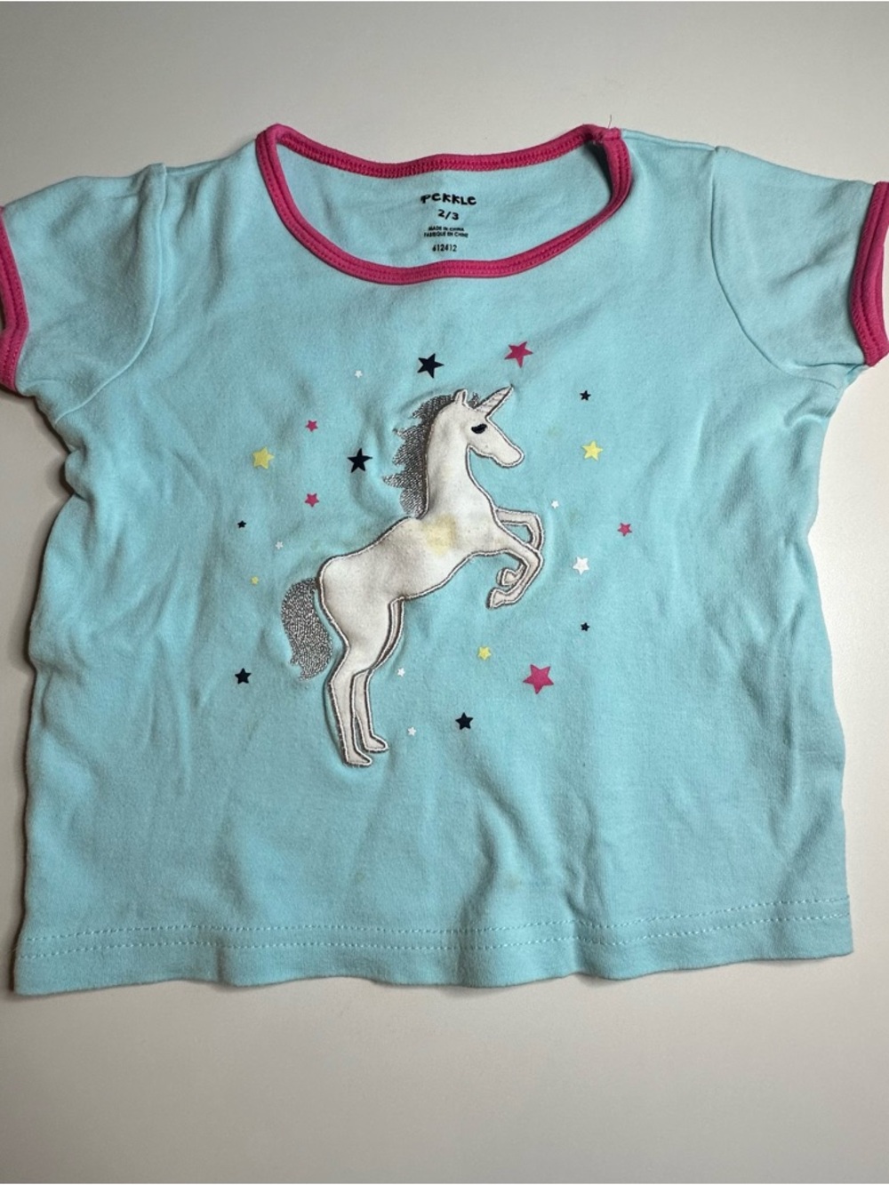 Pekkle Girls' Light Blue Unicorn Short Sleeve Tee with Pink Trim 3T